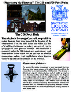 “Measuring the Distance” The 200 and 500 Foot Rules  The 200 Foot Rule The Alcoholic Beverage Control Law prohibits  certain licenses from being issued if the location of the