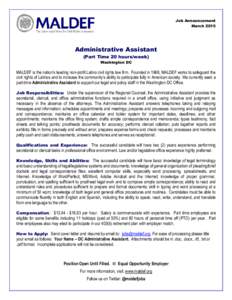 Job Announcement March 2015 Administrative Assistant (Part Time 20 hours/week) Washington DC