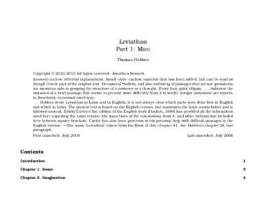 Leviathan Part 1: Man Thomas Hobbes Copyright © 2010–2015 All rights reserved. Jonathan Bennett [Brackets] enclose editorial explanations. Small ·dots· enclose material that has been added, but can be read as