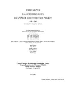 UMPQUA RIVER FALL CHINOOK SALMON ESCAPEMENT INDICATOR STOCK PROJECT 1998 – 2002 CUMULATIVE PROGRESS REPORT