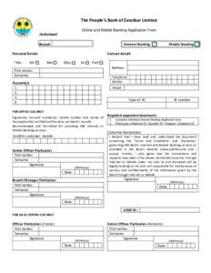 The People’s Bank of Zanzibar Limited Online and Mobile Banking Application Form (Individual) Branch  Internet Banking