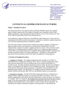 Letter to All Respirator Manufacturers, Sampling Procedures, September 24, 2012