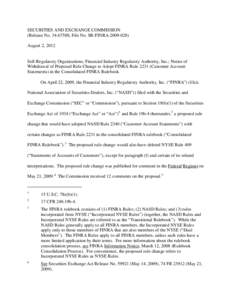 SECURITIES AND EXCHANGE COMMISSION (Release No[removed]; File No. SR-FINRA[removed]August 2, 2012 Self-Regulatory Organizations; Financial Industry Regulatory Authority, Inc.; Notice of Withdrawal of Proposed Rule Cha