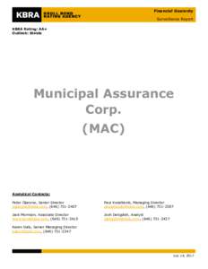 Financial Guaranty Surveillance Report KBRA Rating: AA+ Outlook: Stable  Municipal Assurance