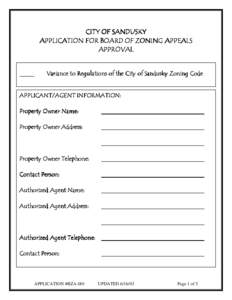 CITY OF SANDUSKY APPLICATION FOR BOARD OF ZONING APPEALS APPROVAL _____  Variance to Regulations of the City of Sandusky Zoning Code