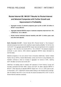 PRESS RELEASE  Rocket Internet SE: 9M 2017 Results for Rocket Internet and Selected Companies with Further Growth and Improvement in Profitability 