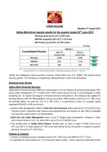 PRESS RELEASE Mumbai, 9th August 2013 Aditya Birla Nuvo reports results for the quarter ended 30th June 2013 Revenue grew by 8% to ` 5,745 Crore EBITDA surged by 28% to ` 1,174 Crore