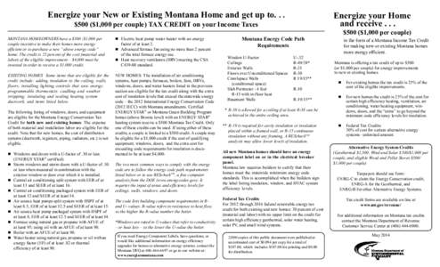 Energize your New or Existing Montana Home and get up to[removed]Energize your Home and receive . . .  $500 ($1,000 per couple) TAX CREDIT on your Income Taxes
