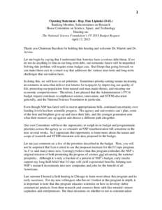 1 Opening Statement - Rep. Dan Lipinski (D-IL) Ranking Member, Subcommittee on Research House Committee on Science, Space, and Technology Hearing on: The National Science Foundation’s FY 2014 Budget Request