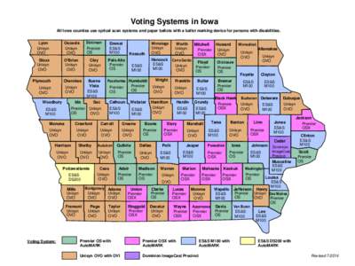 Voting Systems in Iowa All Iowa counties use optical scan systems and paper ballots with a ballot marking device for persons with disabilities. Lyon Unisyn OVO