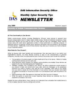 DAS Information Security Office Monthly Cyber Security Tips NEWSLETTER July 2009