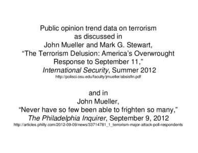 Public opinion trend data as discussed in John Mueller, “The Terrorism Delusion: America’s Overwrought Response to September 11,” International Security, Summer 2012.