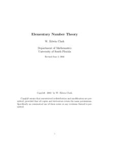 Elementary Number Theory W. Edwin Clark Department of Mathematics University of South Florida Revised June 2, 2003