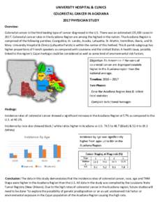 UNIVERSITY HOSPITAL & CLINICS COLORECTAL CANCER IN ACADIANA 2017 PHYSICIAN STUDY Overview: Colorectal cancer is the third leading type of cancer diagnosed in the U.S. There was an estimated 135,430 cases inColorec
