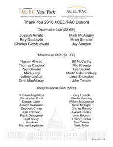 Thank You 2016 ACEC/PAC Donors Chairman’s Club ($2,500) Joseph Amato Ray Daddazio Charles Gozdziewski