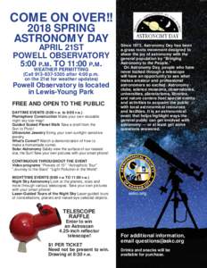 COME ON OVER!! 2018 SPRING ASTRONOMY DAY APRIL 21ST POWELL OBSERVATORY