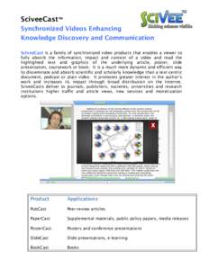 SciveeCastTM Synchronized Videos Enhancing Knowledge Discovery and Communication SciveeCast is a family of synchronized video products that enables a viewer to fully absorb the information, impact and context of a video 