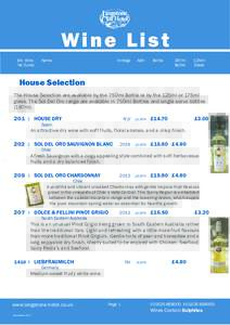 Wine List 	 Bin	Wine	 Name	 Vintage	 ABV Bottle	 187ml	 125ml