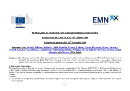 Ad-Hoc Query on violation of rules in reception centres/asylum facilities Requested by SK EMN NCP on 13th October 2014 Compilation produced in 20th November 2014 Responses from Austria, Belgium, Bulgaria, Czech Republic,