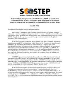 Statement by Nat Gopalswamy, President of SCOSTEP, on agenda item 