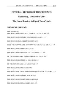 LEGISLATIVE COUNCIL ─ 1 DecemberOFFICIAL RECORD OF PROCEEDINGS Wednesday, 1 December 2004
