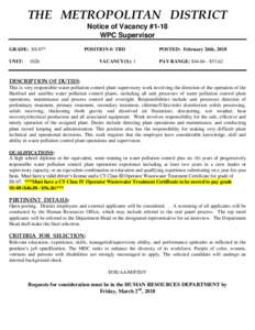 THE METROPOLITAN DISTRICT Notice of Vacancy #1-18 WPC Supervisor GRADE: SS-07* UNIT: