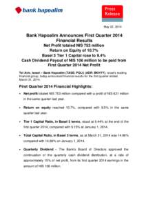 May 22, 2014  Bank Hapoalim Announces First Quarter 2014 Financial Results Net Profit totaled NIS 753 million Return on Equity of 10.7%