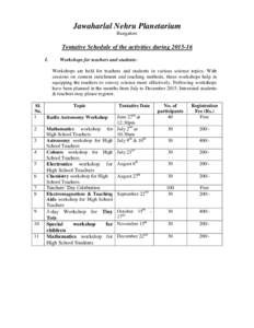 Jawaharlal Nehru Planetarium Bangalore Tentative Schedule of the activities duringI.