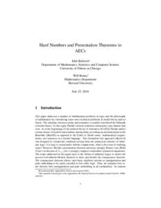 Hanf Numbers and Presentation Theorems in AECs John Baldwin∗ Department of Mathematics, Statistics and Computer Science University of Illinois at Chicago Will Boney†