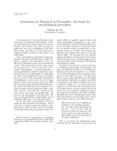 P: the ARP newsletter January, 2008 Association for Research in Personality: the home for psychological generalists William Revelle