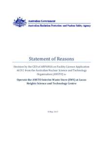 Statement of Reasons - ARPANSA CEO - Interim Waste Store (IWS)