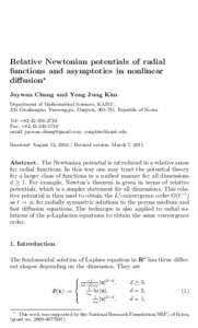 Relative Newtonian potentials of radial functions and asymptotics in nonlinear diﬀusion⋆ Jaywan Chung and Yong Jung Kim Department of Mathematical Sciences, KAIST, 335 Gwahangno, Yuseong-gu, Daejeon, , Republi