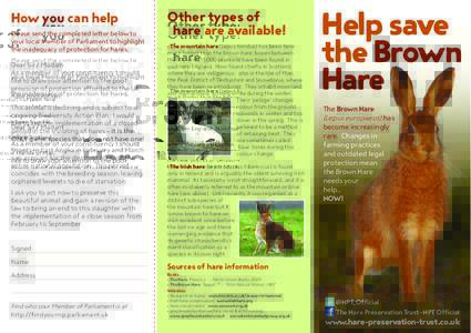 How you can help Please send the completed letter below to your local Member of Parliament to highlight the inadequacy of protection for hares. Dear Sir / Madam As a member of your constituency I should