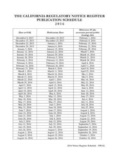 THE CALIFORNIA REGULATORY NOTICE REGISTER PUBLICATION SCHEDULE 2016 Date to OAL  Publication Date