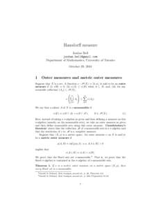 Hausdorff measure Jordan Bell  Department of Mathematics, University of Toronto October 29, 2014