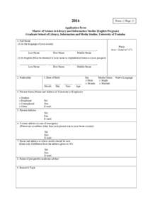 2016  Form 1 (Page 1) Application Form Master of Science in Library and Information Studies (English Program)
