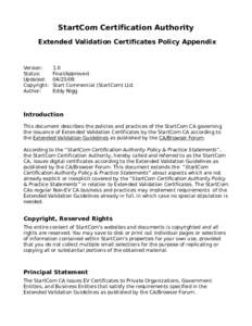 StartCom Certification Authority Extended Validation Certificates Policy Appendix Version: Status: Updated: