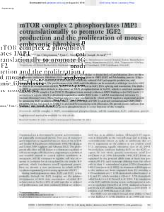 Downloaded from genesdev.cshlp.org on August 20, Published by Cold Spring Harbor Laboratory Press  mTOR complex 2 phosphorylates IMP1 cotranslationally to promote IGF2 production and the proliferation of mouse emb