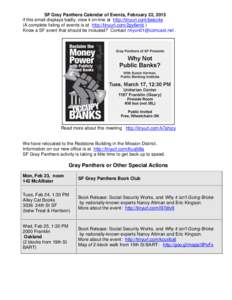 SF Gray Panthers Calendar of Events, February 22, 2015 if this email displays badly, view it on-line at http://tinyurl.com/ljwec4e (A complete listing of events is at http://tinyurl.com/2gy6enb ) Know a SF event that sho