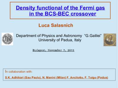 Density functional of the Fermi gas in the BCS-BEC crossover Luca Salasnich Department of Physics and Astronomy “G.Galilei” University of Padua, Italy Budapest, November 7, 2013