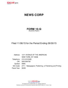 NEWS CORP  FORM 10-Q (Quarterly Report)