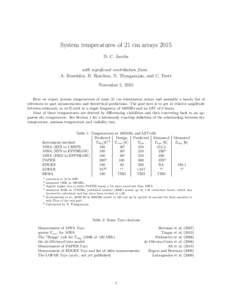 System temperatures of 21 cm arrays 2015 D. C. Jacobs with significant contribution from: A. Beardsley, B. Hazelton, N. Thyagarajan, and C. Trott November 5, 2015 Here we report system temperatures of some 21 cm reioniza