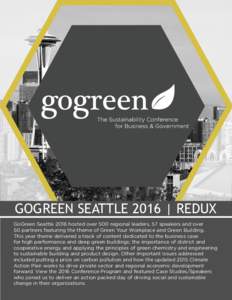 GOGREEN SEATTLE 2016 | REDUX GoGreen Seattle 2016 hosted over 500 regional leaders, 57 speakers and over 50 partners featuring the theme of Green Your Workplace and Green Building. This year theme delivered a track of co