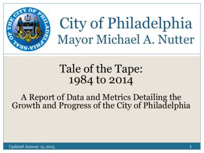 City of Philadelphia Mayor Michael A. Nutter Tale of the Tape: 1984 to 2014 A Report of Data and Metrics Detailing the Growth and Progress of the City of Philadelphia