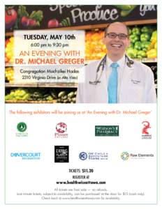 Tuesday, May 10th 6:00 pm to 9:30 pm An Evening with Dr. Michael Greger Congregation Machzikei Hadas