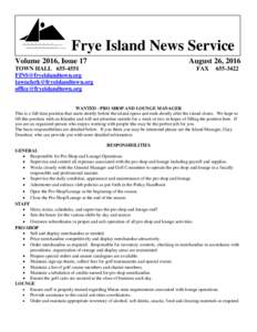 Frye Island News Service Volume 2016, Issue 17 TOWN HALL   