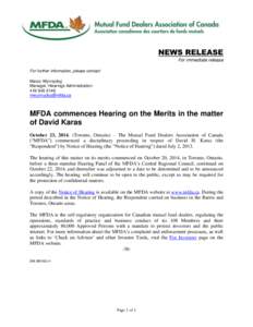 News release - MFDA commences Hearing on the Merits in the matter of David Karas