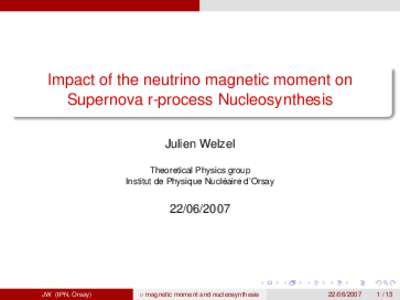 Impact of the neutrino magnetic moment on Supernova r-process Nucleosynthesis Julien Welzel Theoretical Physics group Institut de Physique Nucléaire d’Orsay