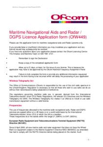 Maritime Navigational Aids, Automatic Identification Systems (AIS) and Radar Licence Application form