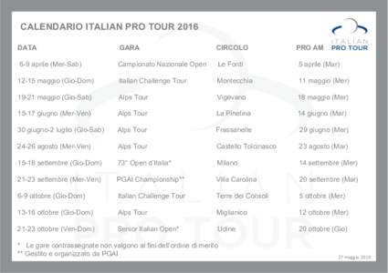 ADVERTISING  CALENDARIO ITALIAN PRO TOUR 2016 DATA  GARA